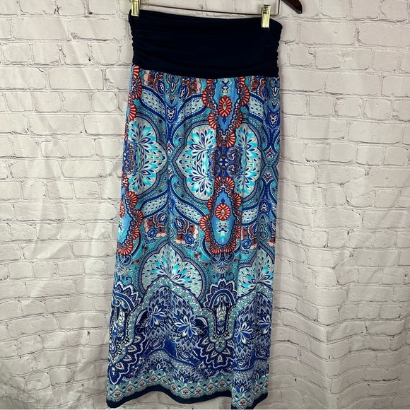 apt. 9 Bohemian Maxi Skirt bright Blue Red Patterns sz L classic beach travel - Picture 2 of 7
